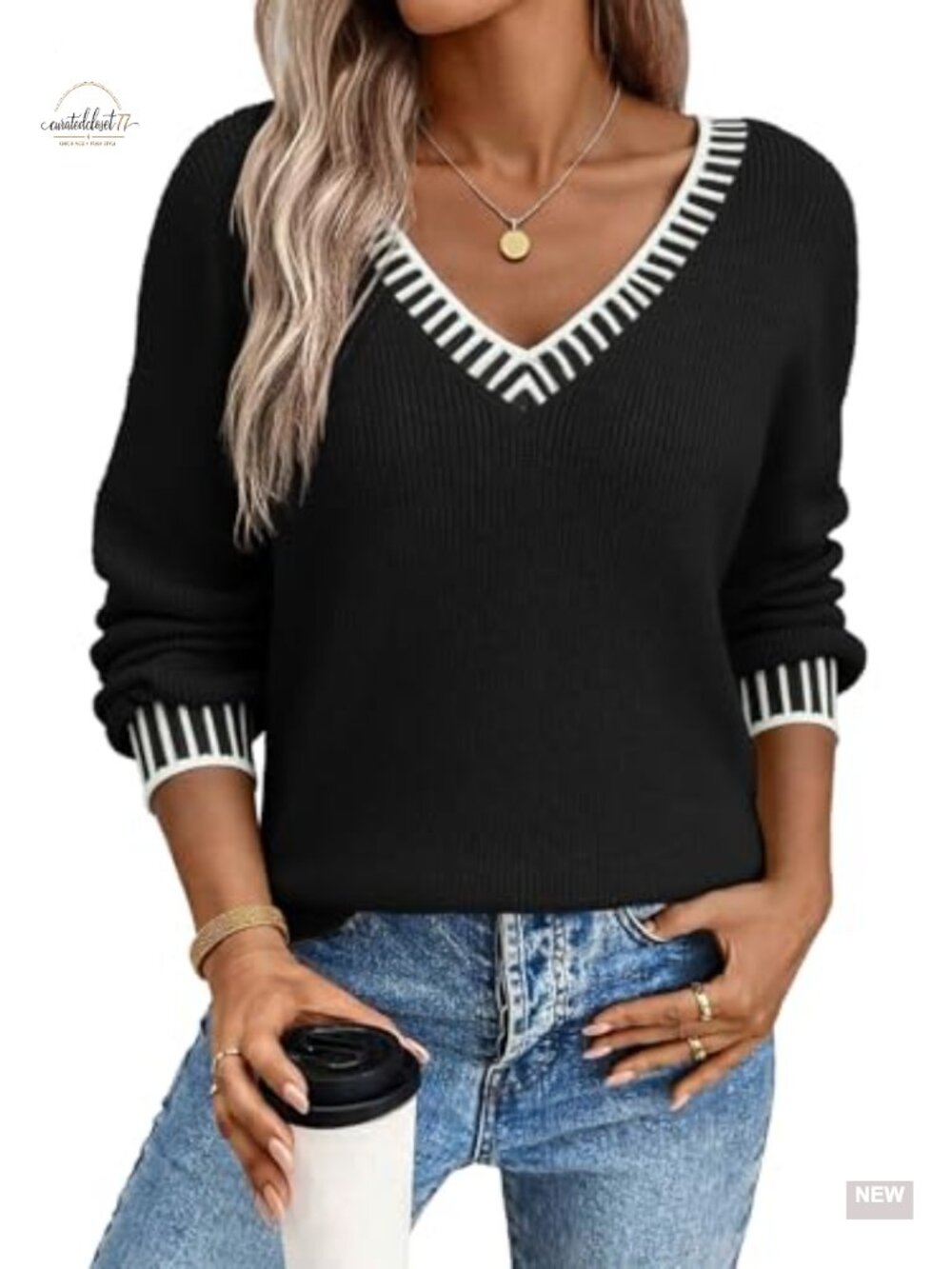V Neck Long Sleeve Contrast Knit Pullover Sweater Loose Fit Cable Knit